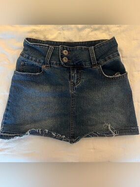 Denim Mini Skirt with Distressed Hem - Blue